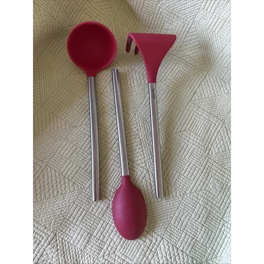 Tovolo Red Silicone Kitchen Utensils Stainless Handles Ladle Spoon Pasta 3 Pc